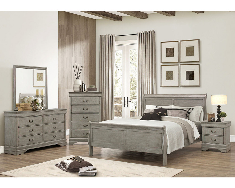 Overstock Furniture Louis Philip Grey King Bed, Dresser, Mirror